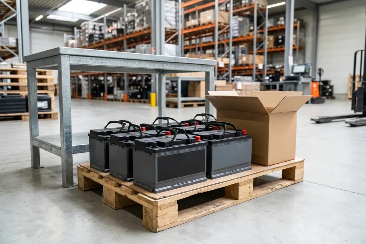 Автомобильные аккумуляторы 12V с клеммами на деревянном поддоне и инспекционном столе склада